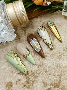 10件套可爱巴洛克朋克摇滚Y2K哥特风美甲套装，包含东西方风格的金属光泽美甲贴片、蓝色美甲贴片、绿色美甲贴片、手工制作的亚克力尖头美甲贴片，饰有豹纹、斑马纹3D浮雕钻石装饰，适合性感酷女孩派对装扮，附赠美甲凝胶贴纸和指甲锉。 - 彩色 - 查看 4