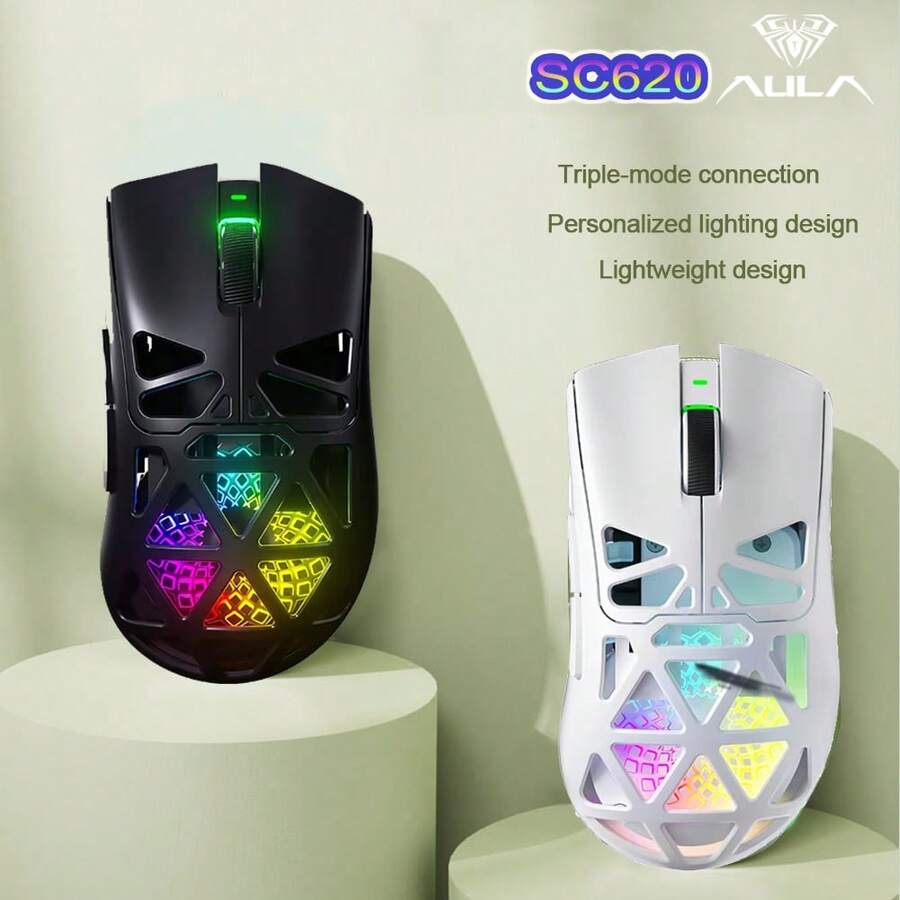 AULA SC620 Wireless Gaming Mouse With 3311 Sensor Lightweight And Portable (67g) Ergonomic Design RGB Lighting Effects Customizable Fire Button Tri-Mode Functionality Suitable For Gaming And Business Use.