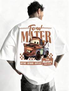 Disney-American Retro Vintage | "Cars" Itachi Tow Mater Printed Heavy Duty Short Sleeve T-Shirt For Men And Women, Loose Shoulder Half Sleeve Top - 白色 - 查看 1