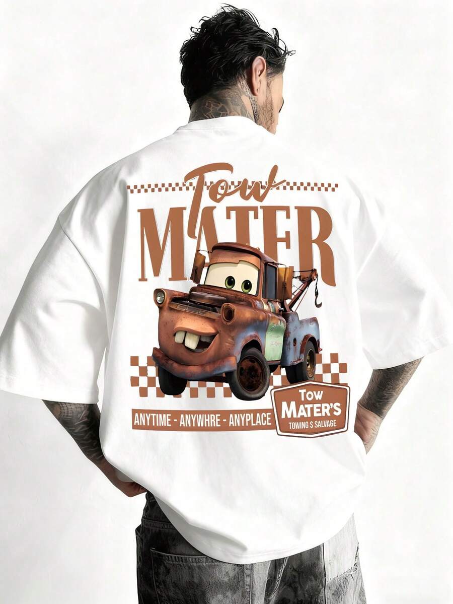 Disney-American Retro Vintage | "Cars" Itachi Tow Mater Printed Heavy Duty Short Sleeve T-Shirt For Men And Women, Loose Shoulder Half Sleeve Top - 白色 - 查看 1