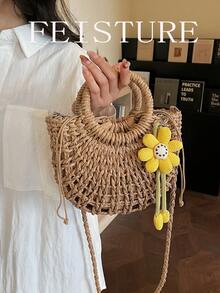 春夏新款草编手提包，时尚女士沙滩包，编织包，附赠绳饰，关注店铺即可获赠。 - 卡其色 - 查看 5