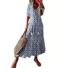 2026 European And American Bestseller Casual Sweet Loose V-Neck Printed Fringed Mid-Sleeve Long Dress For Women - 白色4 - 查看 6
