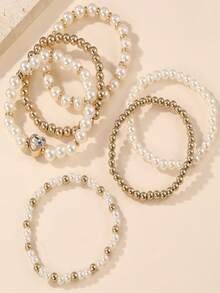 6pcs/Set Beaded Faux Pearl Heart Pendant Bracelet Set For Women, Suitable For Parties And Birthday Gifts - Multicolor - View 4