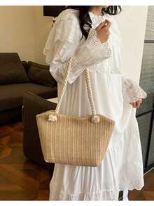 Popular Large-Capacity Grass-Weave Ins Style Tote New Fashion 2026 Braided Versatile Thick Rope Crossbody Bag - Brown - View 5