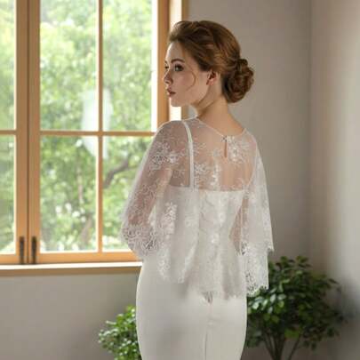 1pc White Lightweight Round Neck Sleeveless Lace Mesh Bridal Shawl, Short Minimalist Wedding Dress Jacket For Photography