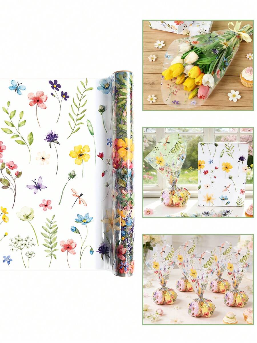 1 Roll Transparent Plastic Wrapping Paper, Spring Floral Pattern Gift Wrapping Paper, Spring Decor, Wedding Decor, Birthday Decor, Baby Shower Decor, Bridal Shower Decor, Plastic Wrap Roll, Holiday Party Decor, Floral Decor, Gift Basket Packaging Plastic Film, Gift Wrapping Paper, Party Favors