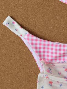 Bikini a cuadros rosa fresco para damas, estilo de chica sexy, conjunto de traje de baño de tres piezas para vacaciones en la playa, verano primavera 2026 - Multicolor - Ver 5