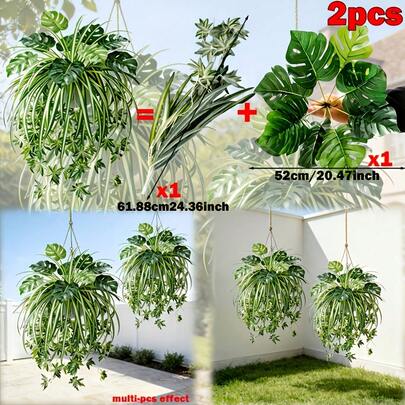 2件套仿真龟背竹和吊兰，高大仿真植物，叶片浓密，适用于室内外装饰、花园和露台装饰，婚礼、春季家居装饰，花园露台春季复活节母亲节装饰，仿真绿植