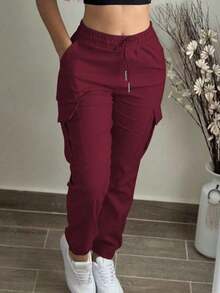 Women's Fashion Elegant Solid Color Casual Pocket Elastic Waist Drawstring Cargo Pants - Màu Đỏ Sâu - Xem 3