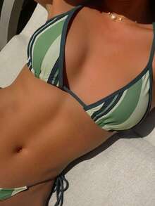 Two-Piece New Striped Print Tie-Up Bikini Swimsuit Set Women - JY1001-GR - Xem 4