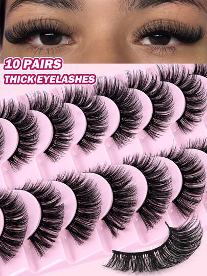 MAANGE 10 Pairs/Pack DD Curl Russian Lashes Voluminous Fake Eyelashes Thick Curly Volume False Eyelashes Artificial 3D Mink Lashes Cat-Eye Look Wispy 8D Volume Fake Eyelash Strips Eye Lifting Look Extension Full Eyelash Strip To Lengthen And Volumize The Outer Corner Of Your Eye For Beauty Makeup Strip Lashes, Lashes, Eyelashes, Fake Lashes ﻿