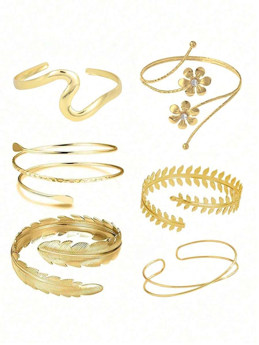 Bộ 6 chiếc vòng tay kim loại hình học tối giản hiện đại kiểu vintage, thiết kế lá cách điệu, thích hợp cho tiệc tùng, làm quà tặng hoặc đeo hàng ngày. - Vàng - Xem 1