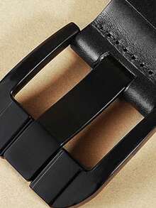 Men's Simple Automatic Buckle Belt, Real Leather Imitation Material, Textured Grid Pattern, Fashion Design, Casual Clothing - Gun Black - View 3