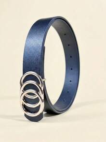 Ladies' Golden Three-Ring Buckle Black Simple Pu Leather Belt For Casual Denim Jeans - Black - View 4