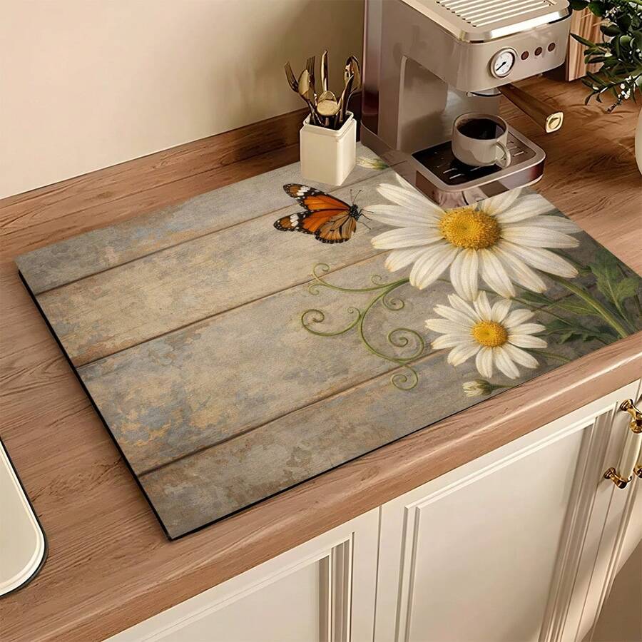 1pc Absorbent Drying Mat, Kitchen Decor Coffee Machine Mat, Handmade Coffee Pot Draining Pad, Kitchen Floor Mat, Dining Table Mat, Kitchen Counter Dish Drying Mat, Breakfast Mat, Anti-Slip Heat-Resistant Draining Mat, Diatomite Draining Mat, Hides Stains, Super Absorbent Kitchen Mat, Easy To Clean Dish Rack Mat, Suitable For Kitchen, Dining Table, Coffee Shop, Bar, Holidays, Parties, Home Decor, Holiday Gifts - Multicolor - View 1