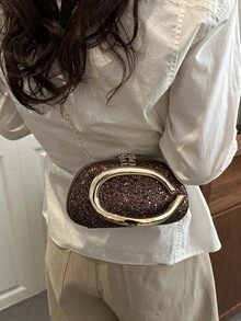 2026 Fashionable Luxury Shiny Clutch Bag With Crossbody Strap, Featuring Gold-Tone Hardware And Bean Bag Design, Ideal For Women's Daily Dates, Vacations, Galas And Weddings, Also An Excellent Gift Choice For Holidays - Coffee - View 5
