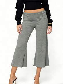 Women's Fold Over Waist Capri Fashionable Casual Solid Color Low Rise Wide Leg Crop Pants - 灰色 - 查看 1