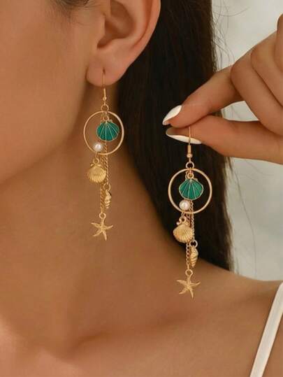 1 Pair Spring/Summer Vacation Style Creative Long Tassel Blue Enamel Seashell Pendant Earrings For Women, Suitable For Beach, Party, Daily Wear