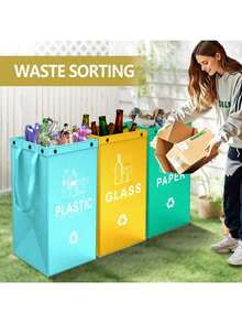 1pc/3pcs Foldable Trash Can, Reusable, Easy To Clean, Large Capacity, Durable Outdoor, Kitchen, Living Room Garbage Sorting Bin - Light Blue + Yellow + Grass Green - View 3