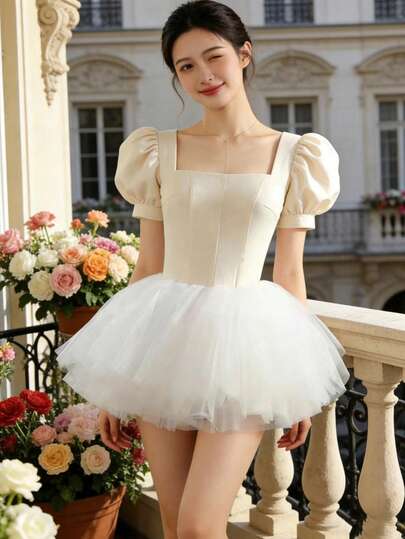 28cm Short 4-Tier Asymmetrical Puff Skirt, Sexy Minimalist Black/White Party Lolita Street Style Mini Skirt, Suitable For All Seasons