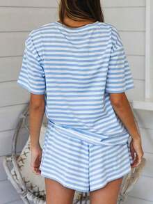 2pcs/Set Striped Casual Short Sleeve-Shirt And Tassel Shorts, Suitable Beach, Sports, Home, Street, All Seasons Summer - Blue - View 6
