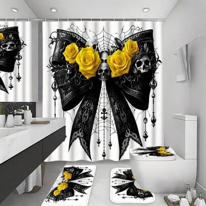 1/3/4pcs Gothic Rose Yellow Bathroom Shower Curtain Set, Waterproof Polyester Material Bathroom Accessories, Includes 12 Hooks, Anti-Slip Bath Mat, U-Shaped Toilet Lid Cover, Bathroom Decor, Home Decor, Suitable For Bathroom Shower Curtain Set, Bathroom Window Curtain Shower Set