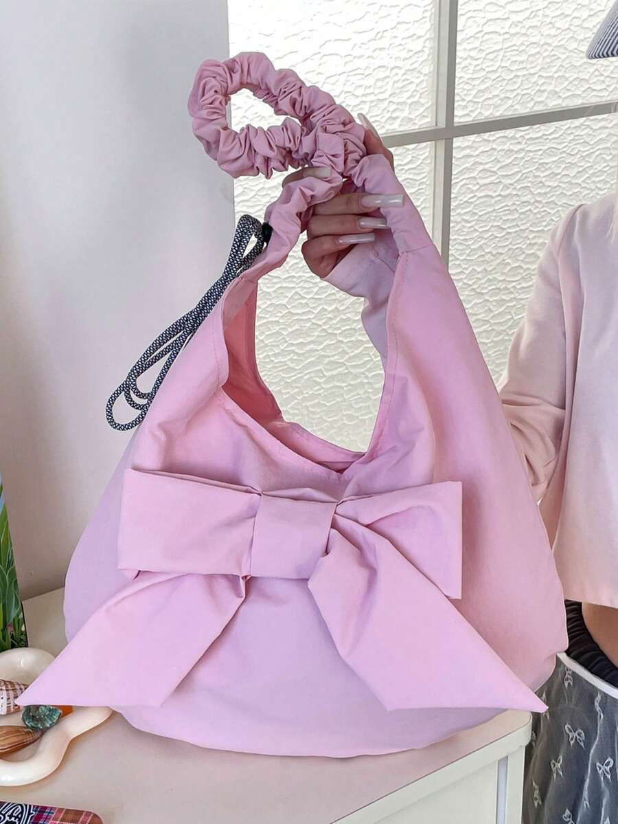 Women's Fashion Bow Pleated Shoulder Bag, Sweet Girl Style Crossbody Bag, Soft Fabric Material, Large Capacity, Drawstring Adjustable Strap, Fresh Daily Versatile Design, Suitable For Dating, Commuting, Casual Outings