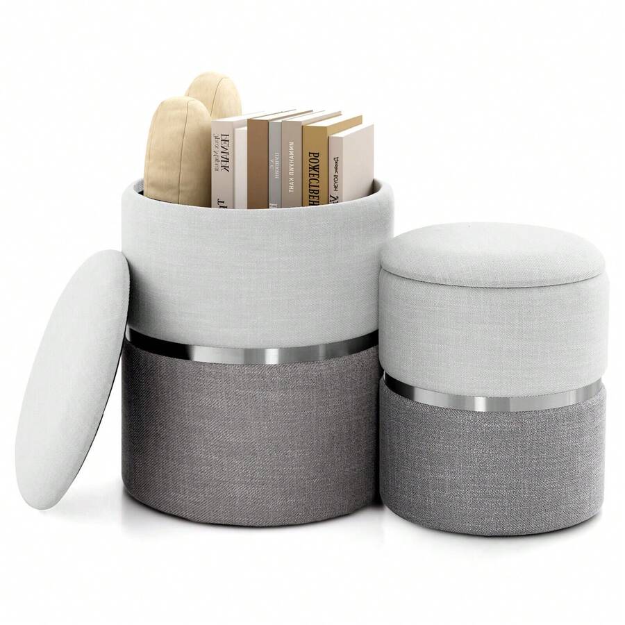 COSTWAY Height Ottoman Set Of 2, Home 2Pcs Upholstered Nesting Stool With Storage, Soft Velvet/Linen Surface, Entry Shoe Changing Footrest Stool, Compact Side Table Vanity Stool For Living Room, Bedroom - Beige - View 1