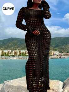 Plus Size Sexy Solid Hollow Out Long Sleeve Maxi Cruise Cover Up Dress Summer - 黑色 - 查看 4