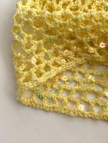 1pc Black Label With Sequin Lettering, Handmade Crochet Hollow-Out Sequin Beanie Hat, Fashionable Retro Versatile Lightweight Breathable Knit Cap For Women, Spring/Summer - Multicolor - View 6