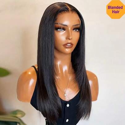 长直发无胶5x5预剪透明蕾丝闭合假发，即戴即走，预先拔毛打造自然发际线，180%密度，短款波波头直发，耐热合成混纺人发，带婴儿绒毛，女士款