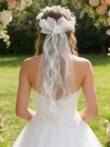 1pc Girls' First Communion Hair Accessory, Flower Crown With White Flowers, Pearls, Tulle And Ribbon Decor For First Communion Wedding Flower Girl - Multicolor - View 3