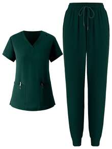 Women's Jogging Brushed Stretch Sports Nurse Uniform Scrub Top Workwear Pocketed Clothing Breathable Scrub Top Set - Màu xanh lá cây đậm - Xem 1