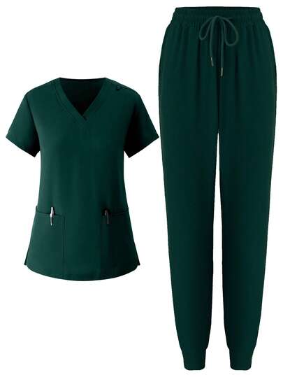 Women's Jogging Brushed Stretch Sports Nurse Uniform Scrub Top Workwear Pocketed Clothing Breathable Scrub Top Set