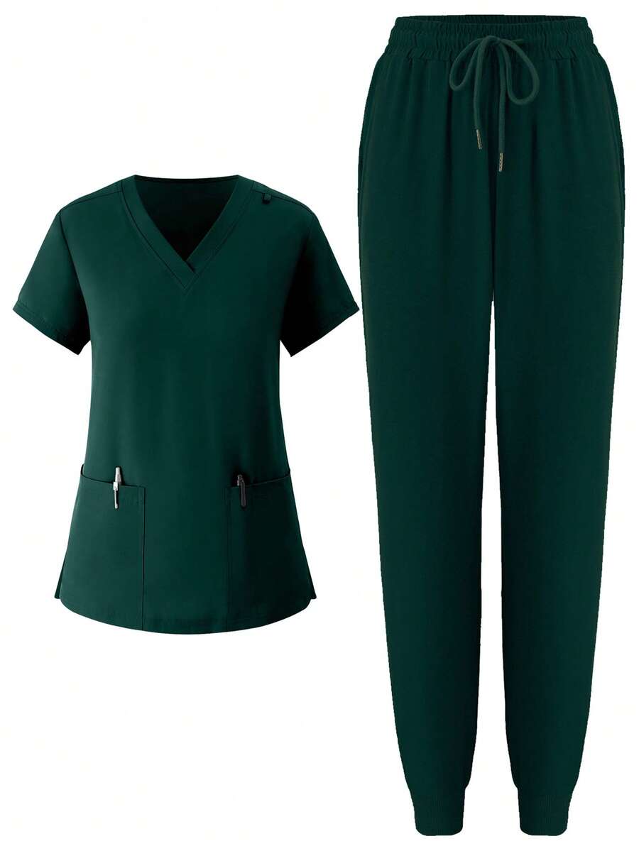 Women's Jogging Brushed Stretch Sports Nurse Uniform Scrub Top Workwear Pocketed Clothing Breathable Scrub Top Set - Màu xanh lá cây đậm - Xem 1