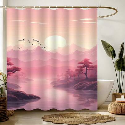 1 chiếc rèm tắm phong cảnh thiên nhiên đơn giản núi sông, tranh vẽ màu sắc tự nhiên, thích hợp cho nhiều phòng, cửa ra vào, cửa sổ, vách ngăn trang trí phòng tắm, phụ kiện phòng tắm.