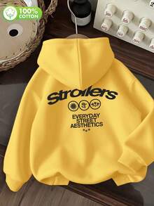 2026新款時尚街潮圖案印花連帽衫，落肩長袖休閒百搭抽繩設計衛衣，專為女士打造，薄款春秋夏季節中性風格，適合日常穿 - 黃色 - 查看 2
