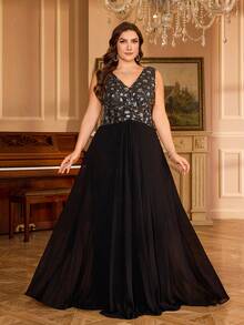 UNITHORSE 【随机裁剪】V领花卉亮片拼接雪纺交叉腰带优雅派对晚礼服 - 黑色 - 查看 1