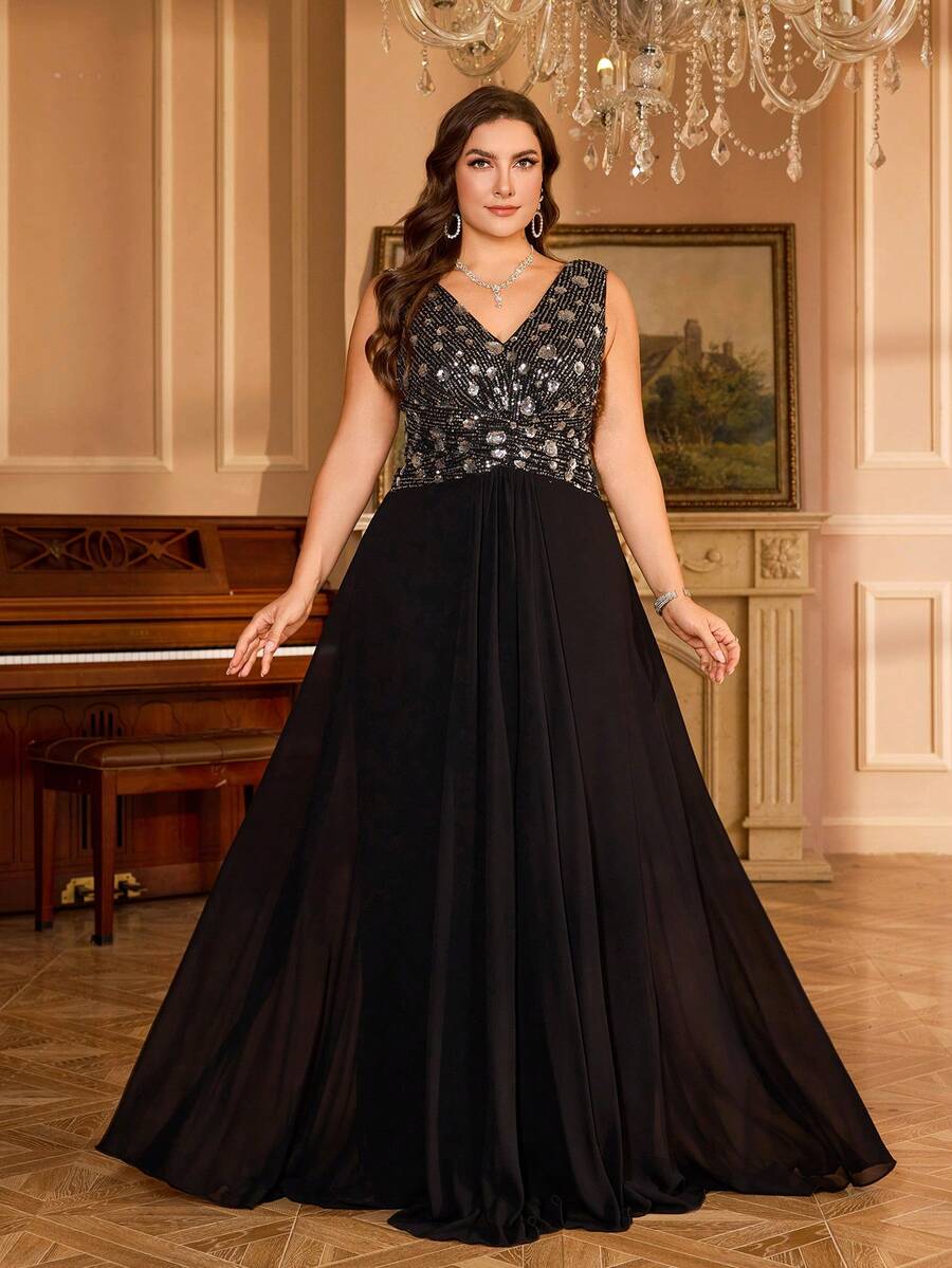 UNITHORSE 【随机裁剪】V领花卉亮片拼接雪纺交叉腰带优雅派对晚礼服 - 黑色 - 查看 1