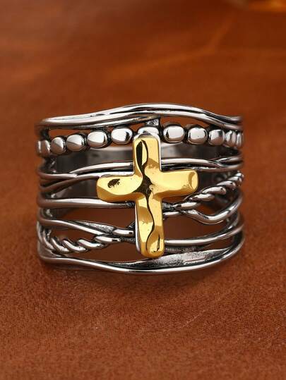 1枚波西米亚复古镀金双色十字戒指，男女皆宜，可作为礼物送给家人/朋友/爱人