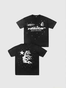Hellstars Starry Night Flame Silhouette Vintage T-Shirt Double Sided Printed (220g 100% Cotton T-Shirt), Summer Clothes, Women's Tops, Casual And Comfortable, Fashionable Graphic Tee, Unisex Style - Black - View 1