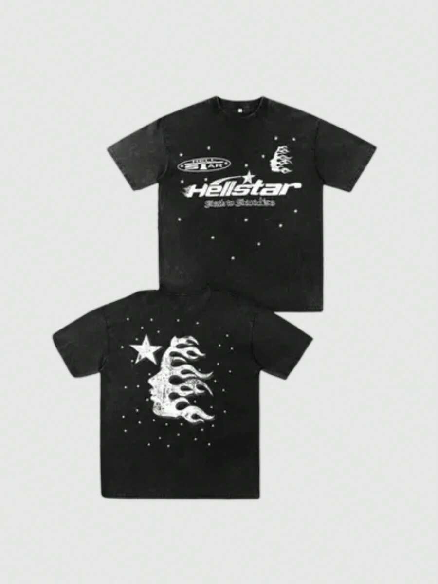 Hellstars Starry Night Flame Silhouette Vintage T-Shirt Double Sided Printed (220g 100% Cotton T-Shirt), Summer Clothes, Women's Tops, Casual And Comfortable, Fashionable Graphic Tee, Unisex Style - Black - View 1