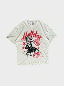 Hellstars No Halo Just Heat Cowboy Vintage Graphic T-Shirt,220g 100% Cotton,Round Neck Short Sleeve,Cream Streetwear Essential,Unisex Style - White - View 1
