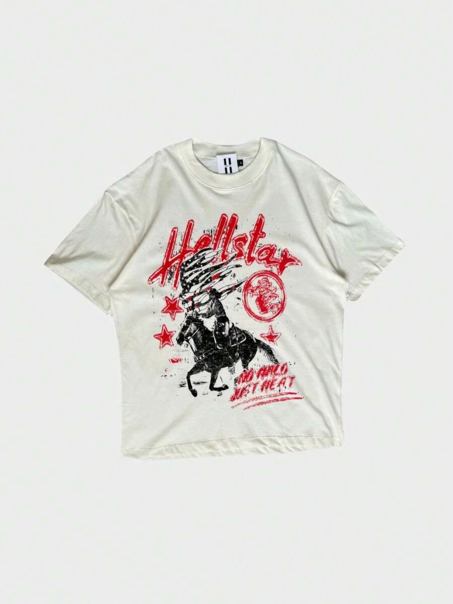Hellstars No Halo Just Heat Cowboy Vintage Graphic T-Shirt,220g 100% Cotton,Round Neck Short Sleeve,Cream Streetwear Essential,Unisex Style - White - View 1