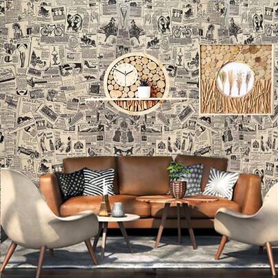 1 Roll Vintage Newspaper Wallpaper, Retro Style Self-Adhesive Wall Paper For Student Live Streaming Background, Coffee Shop, Removable Vinyl Contact Paper For Furniture Renovation, Suitable For Bedroom, Living Room, Dining Room, Bathroom, Office, Dorm, Store, Kitchen, Waterproof, Soundproof, Easy To Apply For Home Decor, TV Background, Cabinet, Dresser