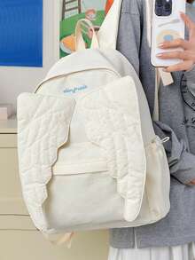 女士时尚天使翅膀背包，3D绗缝羽毛设计，清新可爱，大容量，适合上学和通勤，甜美少女风格，点亮日常穿搭。 - 白色 - 查看 8