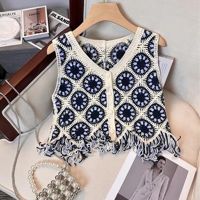 Women's Vintage Embroidered Crochet Tassel V-Neck Button Knit Vest Cardigan