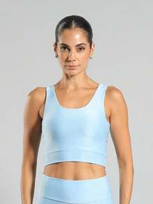 FITNATION Leggings Set With Waistband Pocket + Longline Cropped Top In Micro-Ribbed Fabric With SHINE And HIGH Elasticity And Support. - Light Blue - View 5