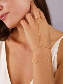 1 pieza Brazalete de cadena de dedo de acero inoxidable de moda, accesorio de joyería de cadena de anillo de dedo con cuentas de arroz minimalista y versátil (cantidad de cuentas al azar) - Dorado - Ver 3