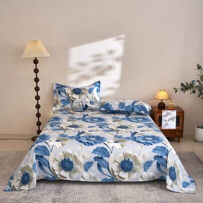 3 pièces Ensemble de literie à imprimé floral 3D (comprend taie d'oreiller, sans rembourrage) Drap de lit et couvre-lit en tissu polyester imprimé, lavable, doux, convient pour la chambre à coucher ou la chambre d'amis, literie de maison minimaliste moderne